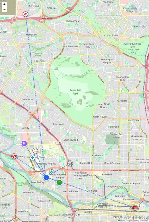 Daily accessibility map for 923 35A ST NW, Calgary showing nearby schools, grocery stores, parks, LRT stations and nearby amenities