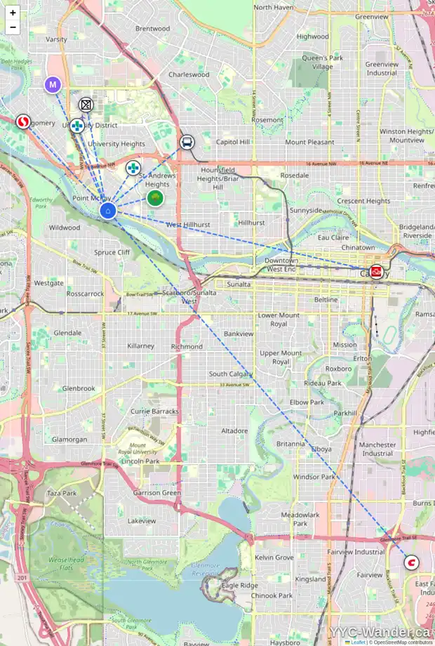 Daily accessibility map for 123 35 ST NW, Calgary showing nearby schools, grocery stores, parks, LRT stations and nearby amenities
