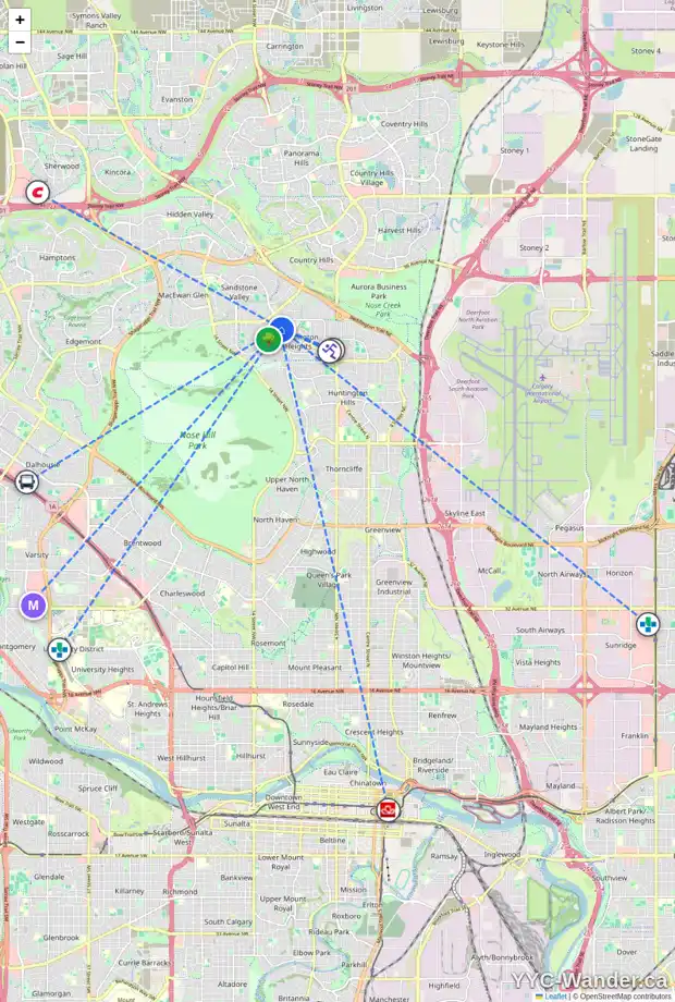 Daily accessibility map for 121 BERWICK DR NW, Calgary showing nearby schools, grocery stores, parks, LRT stations and nearby amenities
