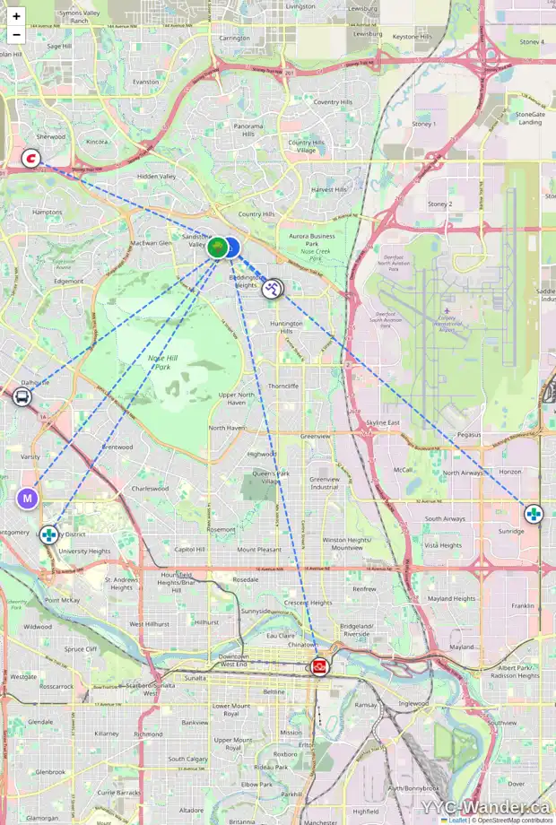 Daily accessibility map for 140 SANTANA CO NW, Calgary showing nearby schools, grocery stores, parks, LRT stations and nearby amenities