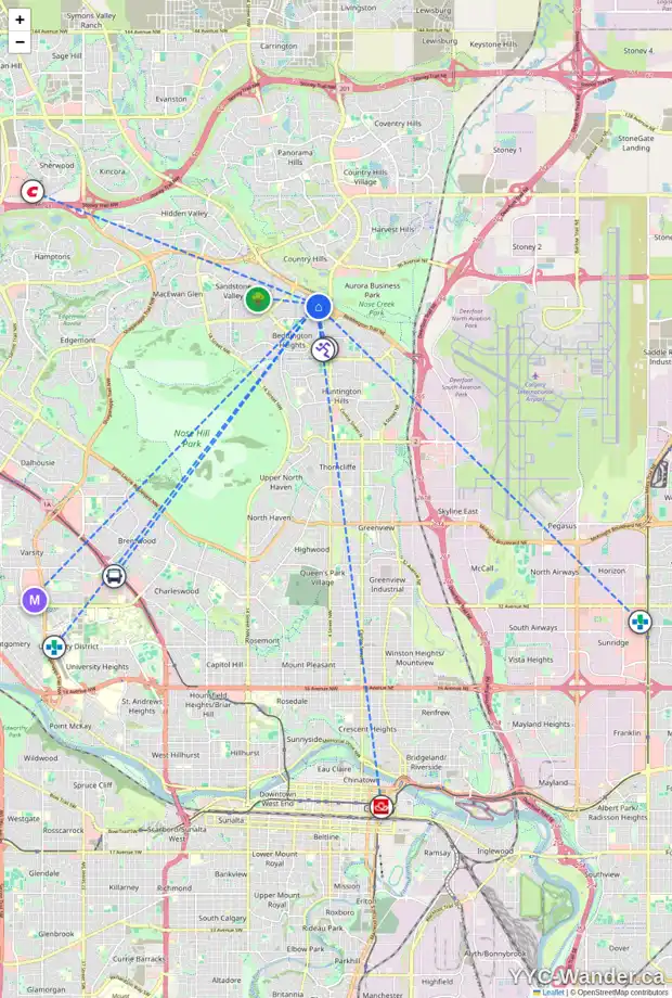 Daily accessibility map for 41 BERNARD WY NW, Calgary showing nearby schools, grocery stores, parks, LRT stations and nearby amenities