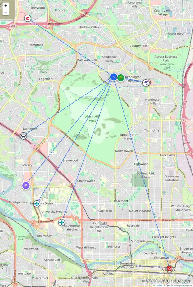 Daily accessibility map for 16 BEACHAM WY NW, Calgary showing nearby schools, grocery stores, parks, LRT stations and nearby amenities