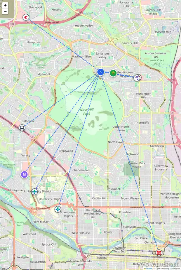 Daily accessibility map for 68 BEACONSFIELD RD NW, Calgary showing nearby schools, grocery stores, parks, LRT stations and nearby amenities
