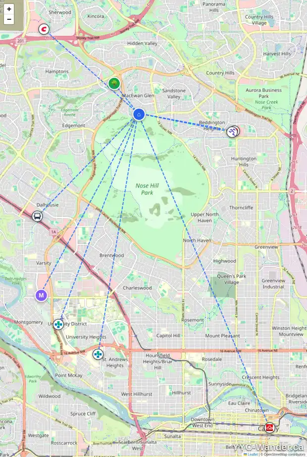 Daily accessibility map for 169 MACEWAN GLEN DR NW, Calgary showing nearby schools, grocery stores, parks, LRT stations and nearby amenities