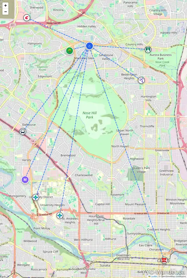 Daily accessibility map for 212 MACEWAN VALLEY ME NW, Calgary showing nearby schools, grocery stores, parks, LRT stations and nearby amenities