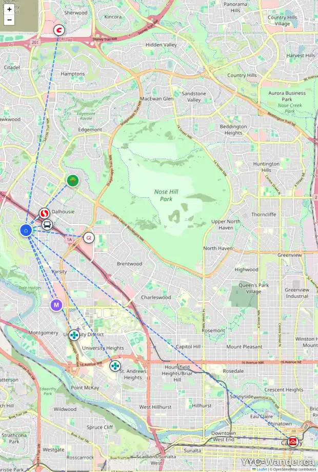 Daily accessibility map for 1235 VARSITY ESTATES RD NW, Calgary showing nearby schools, grocery stores, parks, LRT stations and nearby amenities
