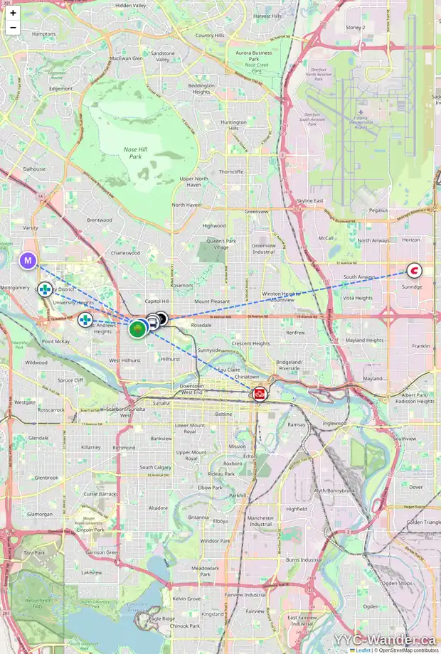 Daily accessibility map for 1408 20A ST NW, Calgary showing nearby schools, grocery stores, parks, LRT stations and nearby amenities