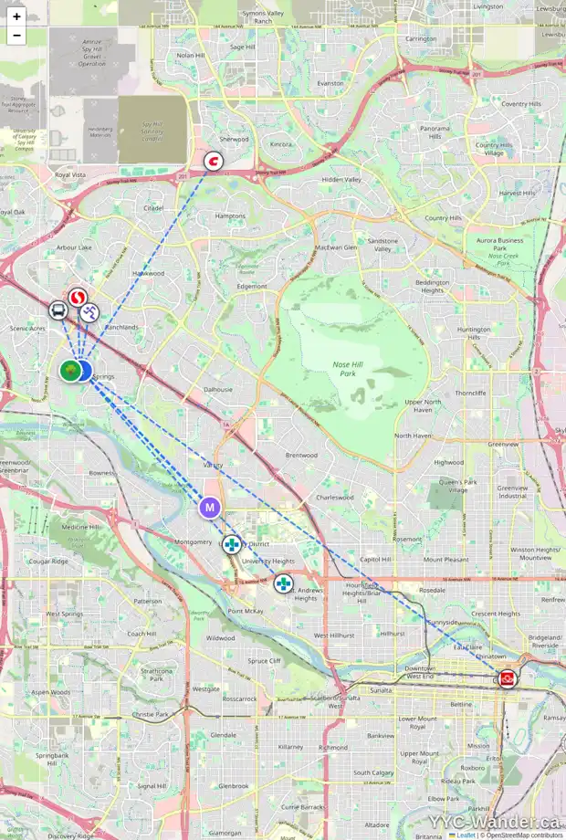 Daily accessibility map for 140 SILVERTHORN WY NW, Calgary showing nearby schools, grocery stores, parks, LRT stations and nearby amenities