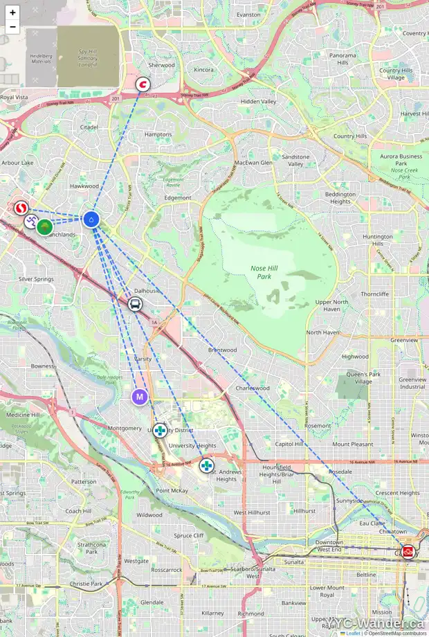 Daily accessibility map for 135 RANCH ESTATES RD NW, Calgary showing nearby schools, grocery stores, parks, LRT stations and nearby amenities