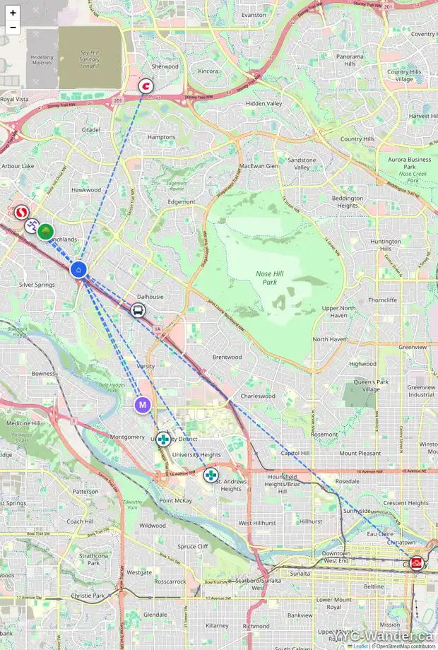 Daily accessibility map for 984 RANCHVIEW CR NW, Calgary showing nearby schools, grocery stores, parks, LRT stations and nearby amenities