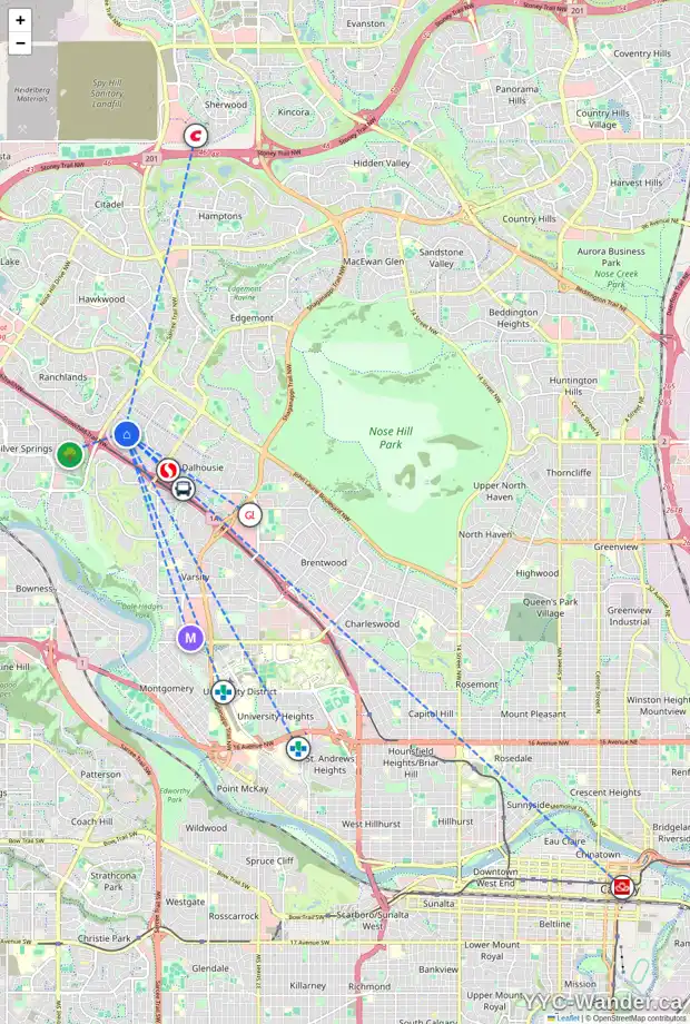Daily accessibility map for 5628 DALCASTLE RI NW, Calgary showing nearby schools, grocery stores, parks, LRT stations and nearby amenities
