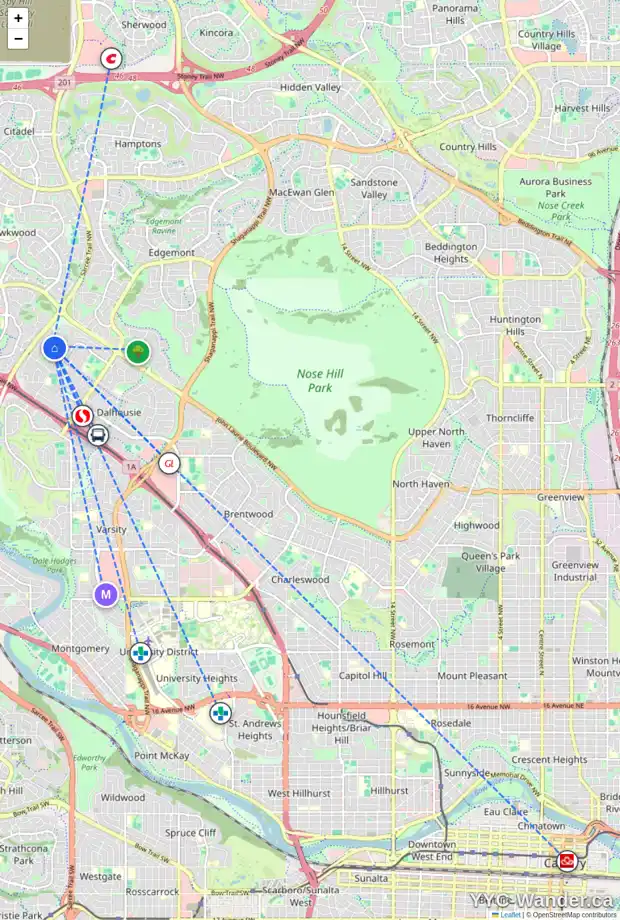 Daily accessibility map for 5851 DALCASTLE DR NW, Calgary showing nearby schools, grocery stores, parks, LRT stations and nearby amenities