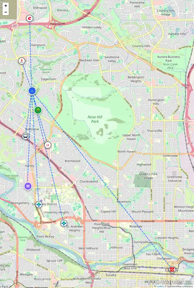 Daily accessibility map for 7 EDGEWOOD PL NW, Calgary showing nearby schools, grocery stores, parks, LRT stations and nearby amenities