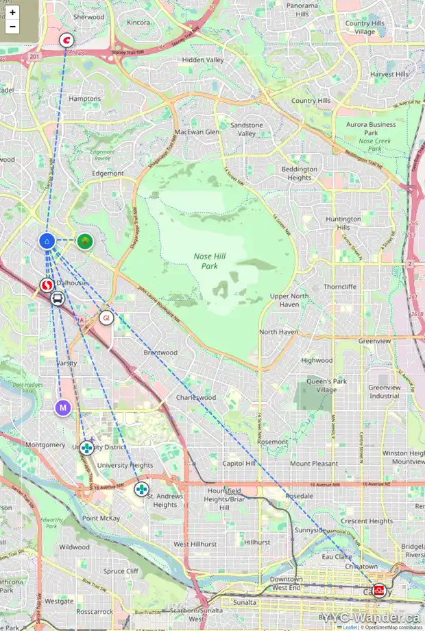 Daily accessibility map for 5540 DALHART HL NW, Calgary showing nearby schools, grocery stores, parks, LRT stations and nearby amenities