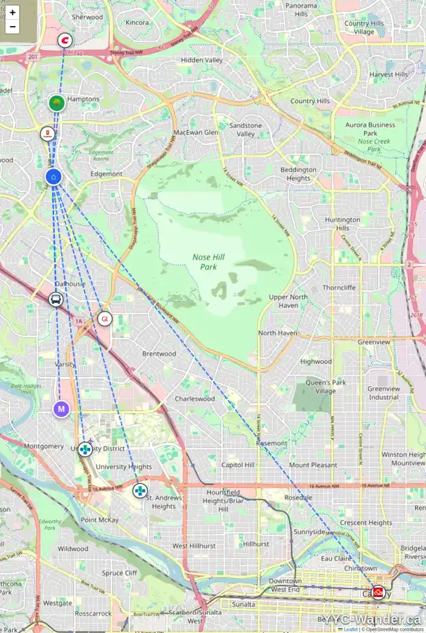 Daily accessibility map for 59 EDGELAND CR NW, Calgary showing nearby schools, grocery stores, parks, LRT stations and nearby amenities
