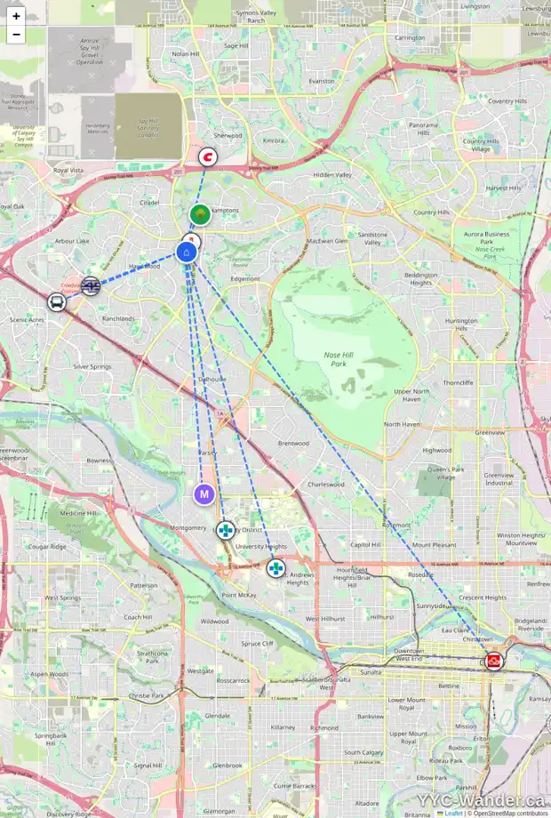 Daily accessibility map for 238 HAWKTREE BA NW, Calgary showing nearby schools, grocery stores, parks, LRT stations and nearby amenities