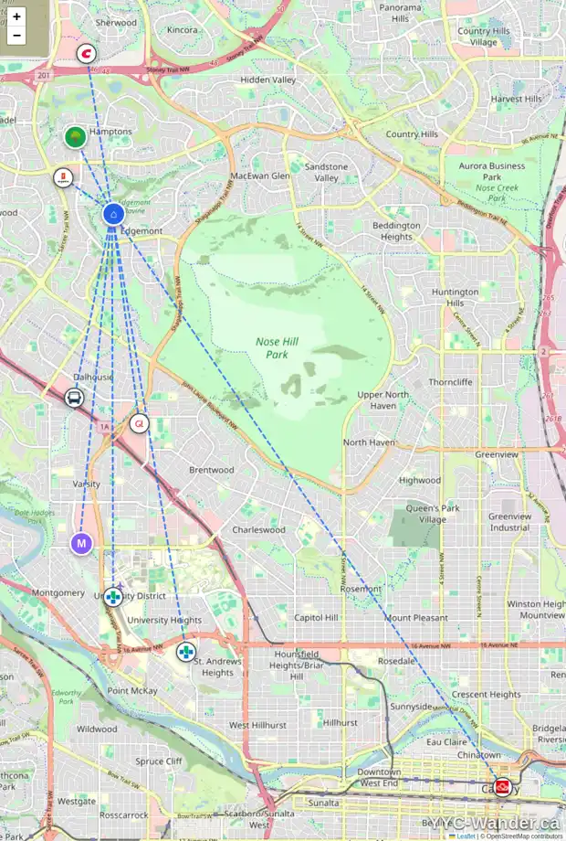 Daily accessibility map for 460 EDGEVIEW PL NW, Calgary showing nearby schools, grocery stores, parks, LRT stations and nearby amenities