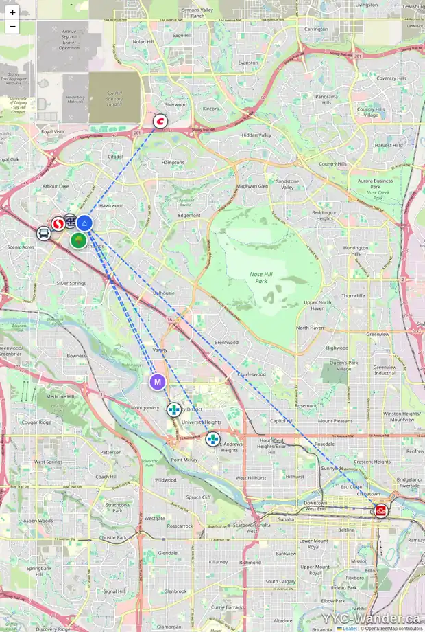 Daily accessibility map for 8 HAWKWOOD PL NW, Calgary showing nearby schools, grocery stores, parks, LRT stations and nearby amenities