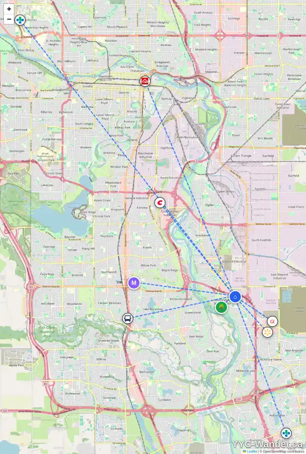Daily accessibility map for 140 DOUGLAS WOODS TC SE, Calgary showing nearby schools, grocery stores, parks, LRT stations and nearby amenities
