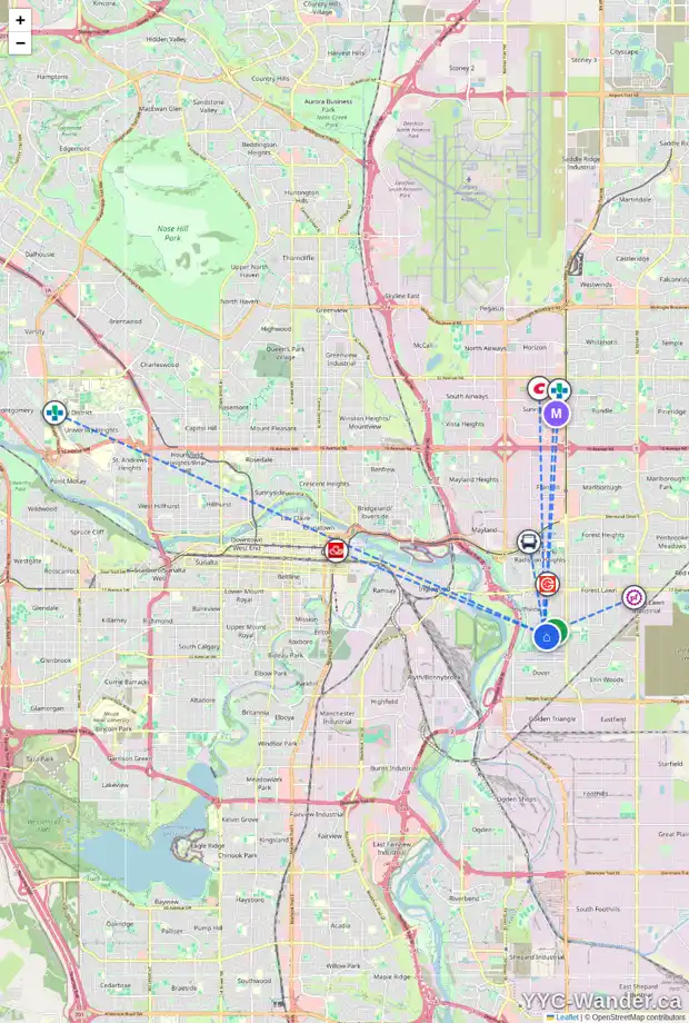 Daily accessibility map for 3011 30A ST SE, Calgary showing nearby schools, grocery stores, parks, LRT stations and nearby amenities