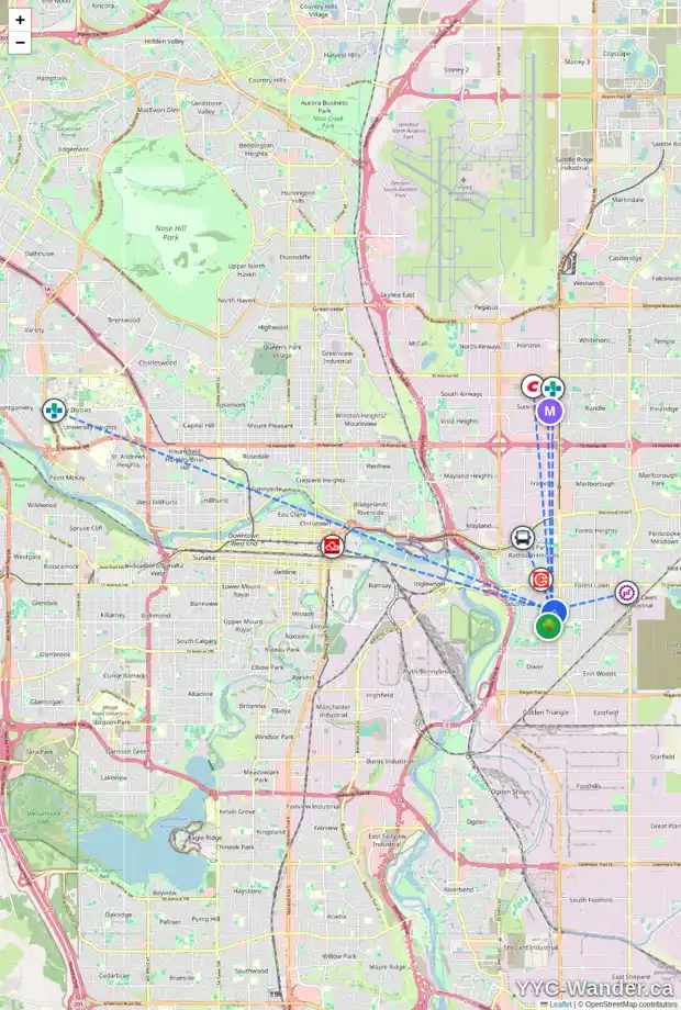Daily accessibility map for 2405 PINEWOOD DR SE, Calgary showing nearby schools, grocery stores, parks, LRT stations and nearby amenities