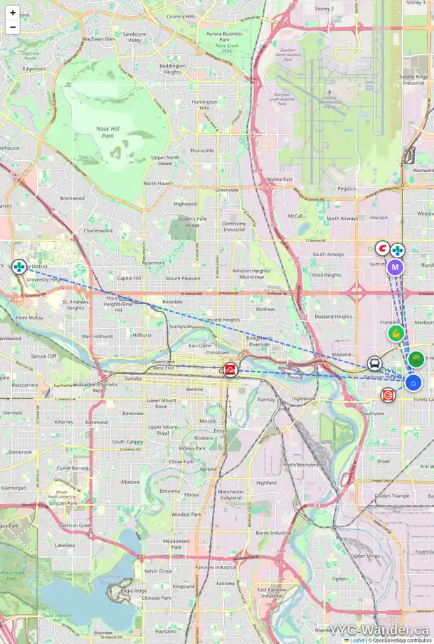 Daily accessibility map for 1135 39 ST SE, Calgary showing nearby schools, grocery stores, parks, LRT stations and nearby amenities