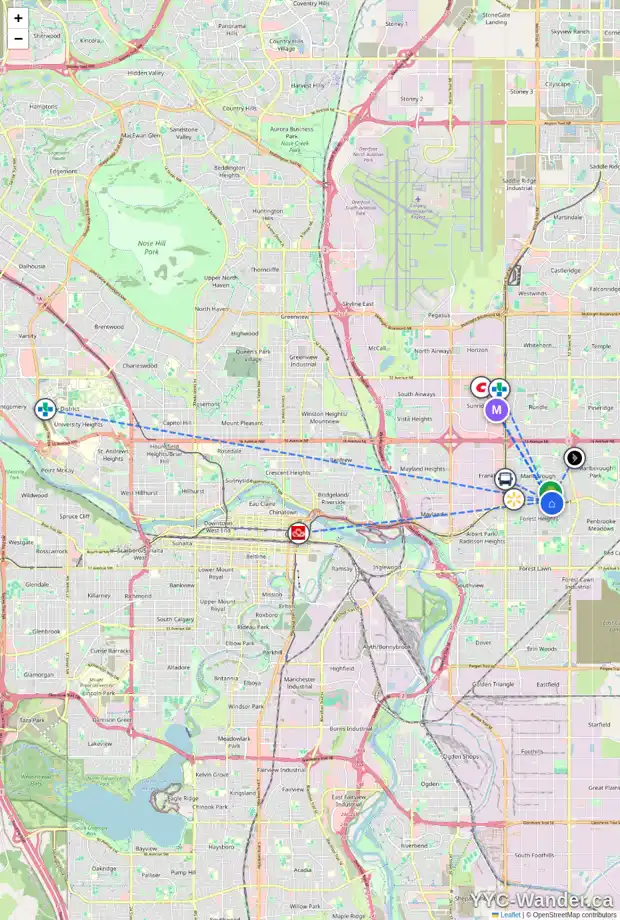Daily accessibility map for 4724 MEMORIAL DR NE, Calgary showing nearby schools, grocery stores, parks, LRT stations and nearby amenities