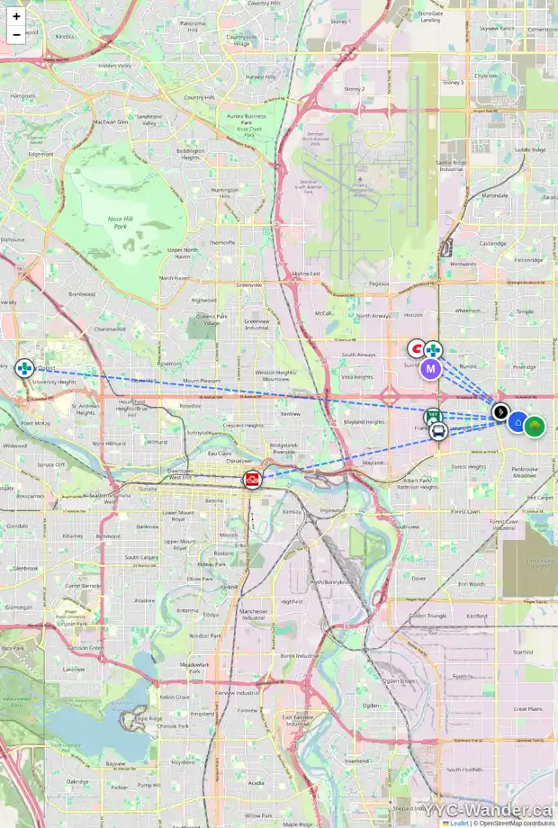 Daily accessibility map for 115 MADEIRA RD NE, Calgary showing nearby schools, grocery stores, parks, LRT stations and nearby amenities