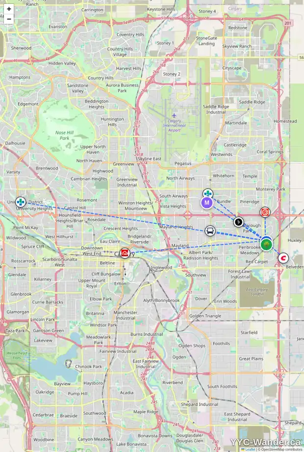 Daily accessibility map for 80 ABBERFIELD CO NE, Calgary showing nearby schools, grocery stores, parks, LRT stations and nearby amenities