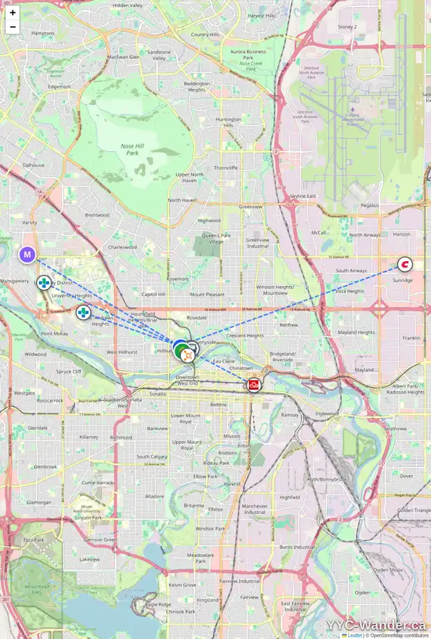 Daily accessibility map for 442 11A ST NW, Calgary showing nearby schools, grocery stores, parks, LRT stations and nearby amenities