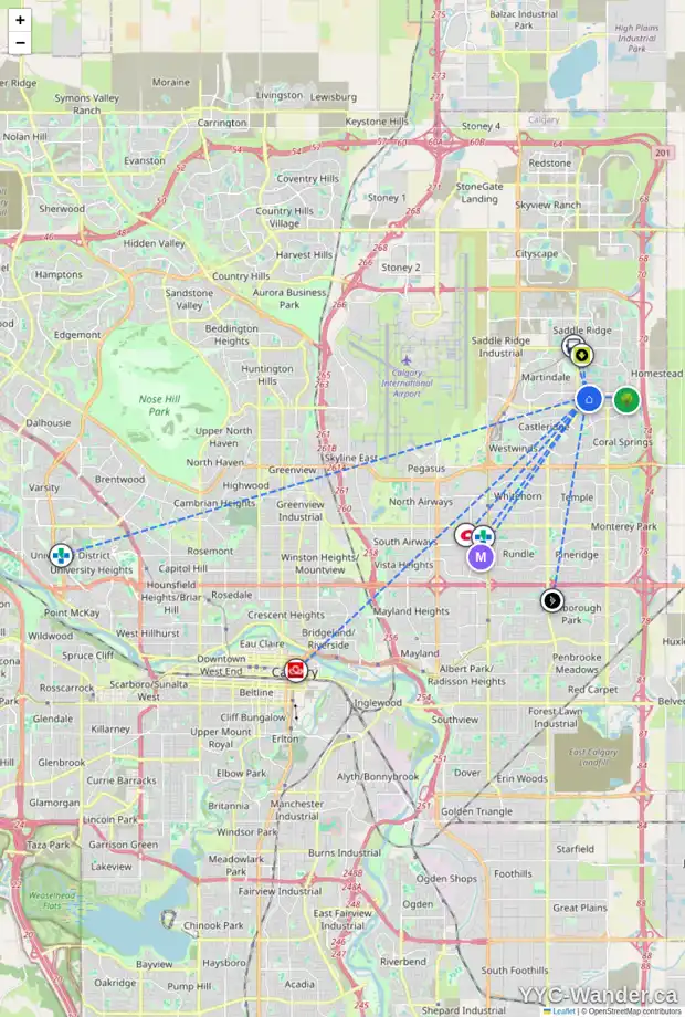 Daily accessibility map for 224 TARADALE CL NE, Calgary showing nearby schools, grocery stores, parks, LRT stations and nearby amenities