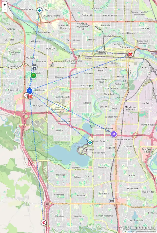 Daily accessibility map for 3523 49 ST SW, Calgary showing nearby schools, grocery stores, parks, LRT stations and nearby amenities
