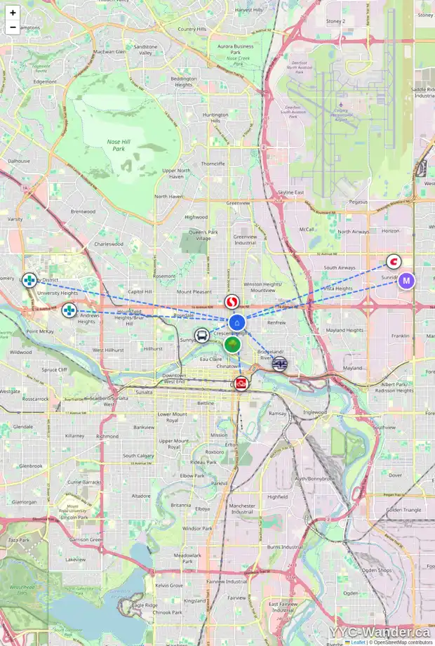 Daily accessibility map for 205 12 AV NE, Calgary showing nearby schools, grocery stores, parks, LRT stations and nearby amenities