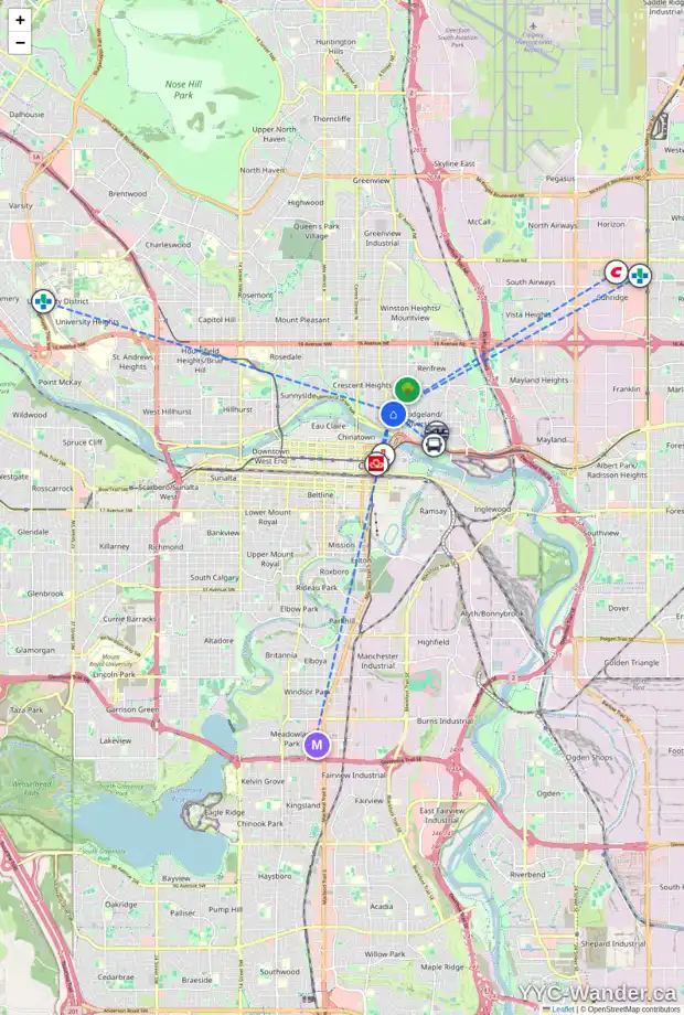 Daily accessibility map for 423 3 AV NE, Calgary showing nearby schools, grocery stores, parks, LRT stations and nearby amenities