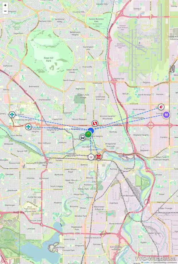 Daily accessibility map for 220 12 AV NW, Calgary showing nearby schools, grocery stores, parks, LRT stations and nearby amenities