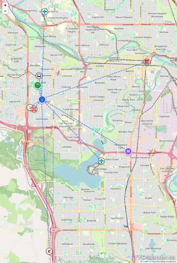 Daily accessibility map for 3320 45 ST SW, Calgary showing nearby schools, grocery stores, parks, LRT stations and nearby amenities
