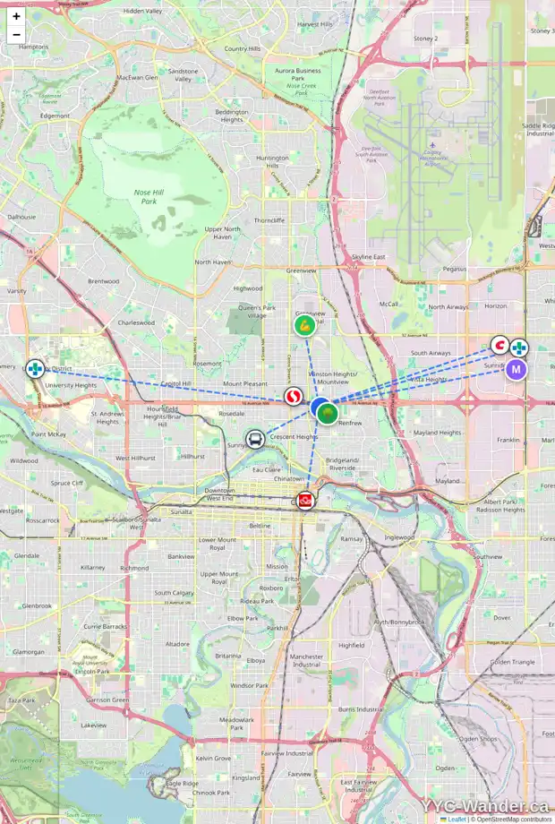 Daily accessibility map for 514 15 AV NE, Calgary showing nearby schools, grocery stores, parks, LRT stations and nearby amenities