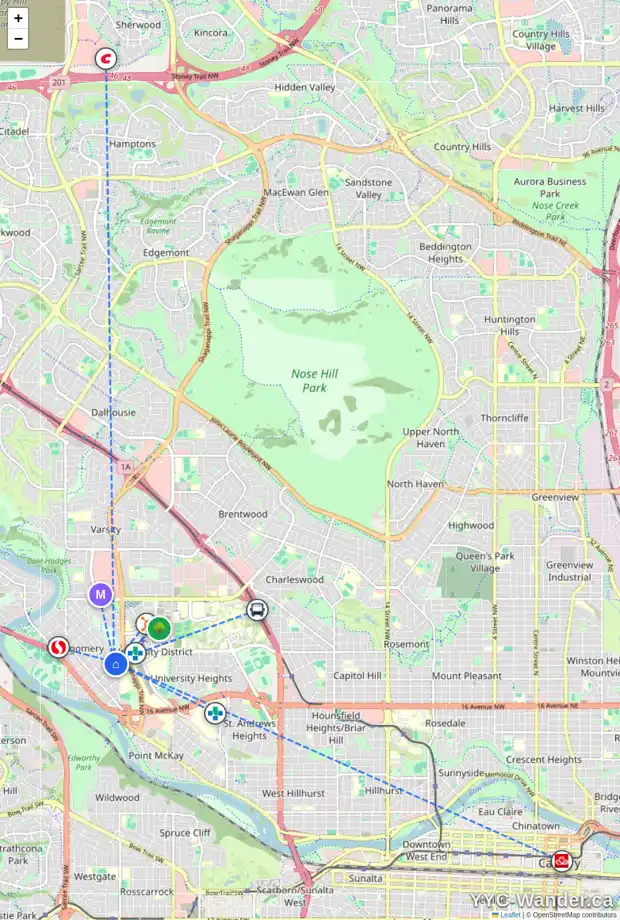 Daily accessibility map for 4519 22 AV NW, Calgary showing nearby schools, grocery stores, parks, LRT stations and nearby amenities