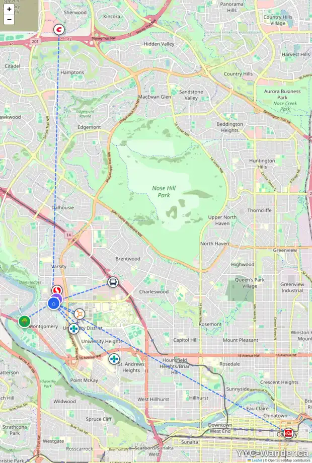 Daily accessibility map for 4815 MONTANA CR NW, Calgary showing nearby schools, grocery stores, parks, LRT stations and nearby amenities