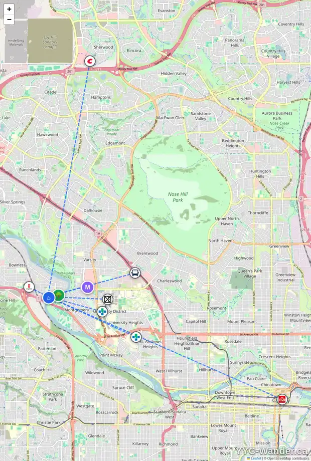 Daily accessibility map for 6332 BOWMONT CR NW, Calgary showing nearby schools, grocery stores, parks, LRT stations and nearby amenities