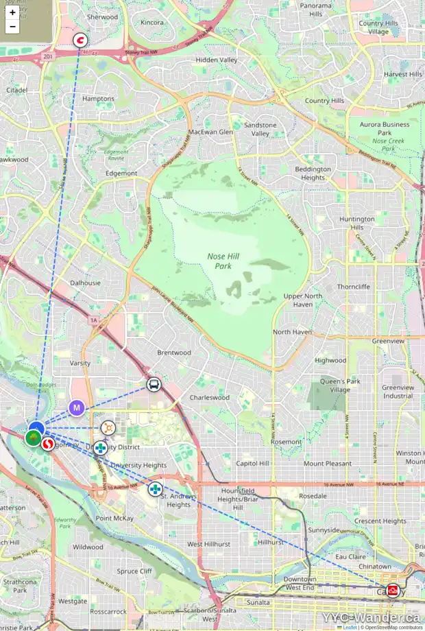 Daily accessibility map for 4 BOW LD NW, Calgary showing nearby schools, grocery stores, parks, LRT stations and nearby amenities