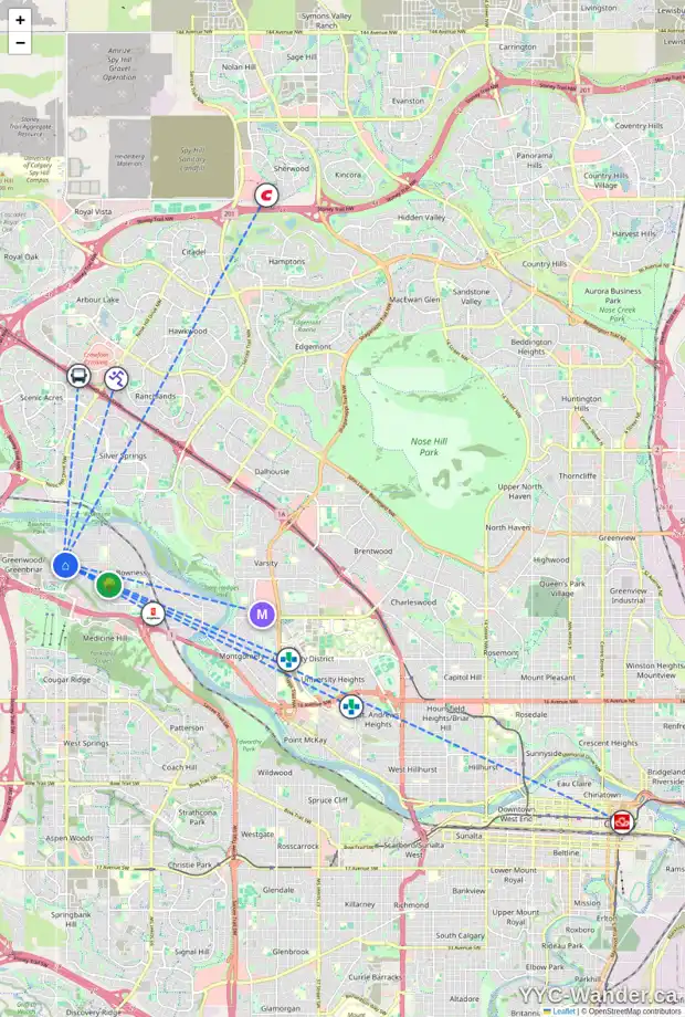 Daily accessibility map for 8563 34 AV NW, Calgary showing nearby schools, grocery stores, parks, LRT stations and nearby amenities