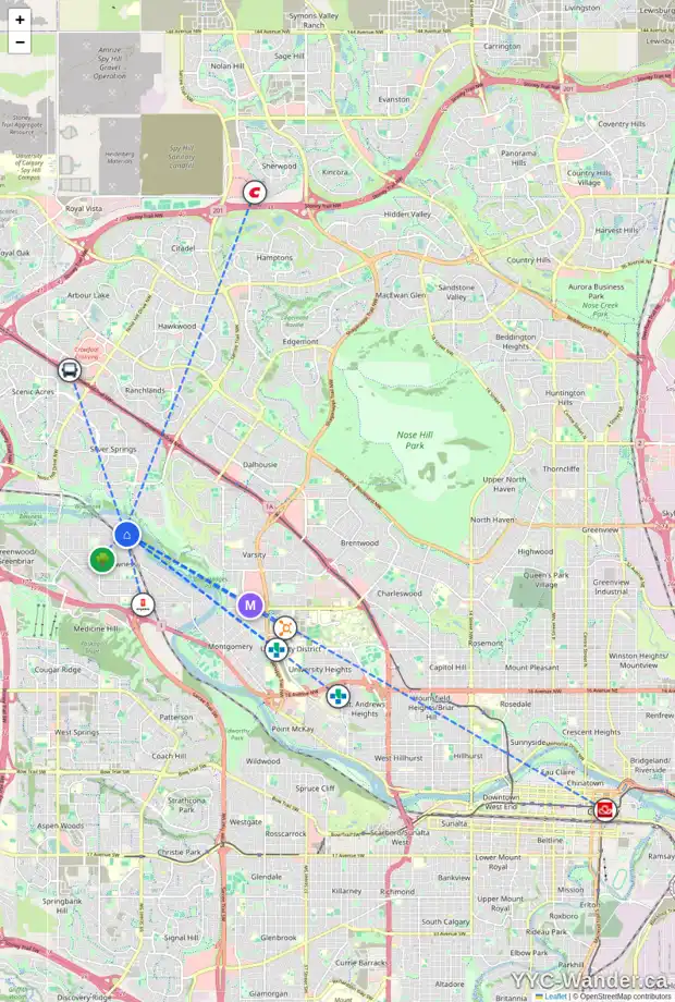 Daily accessibility map for 7127 BOW CR NW, Calgary showing nearby schools, grocery stores, parks, LRT stations and nearby amenities