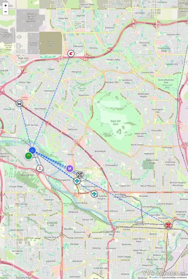 Daily accessibility map for 4630 70 ST NW, Calgary showing nearby schools, grocery stores, parks, LRT stations and nearby amenities