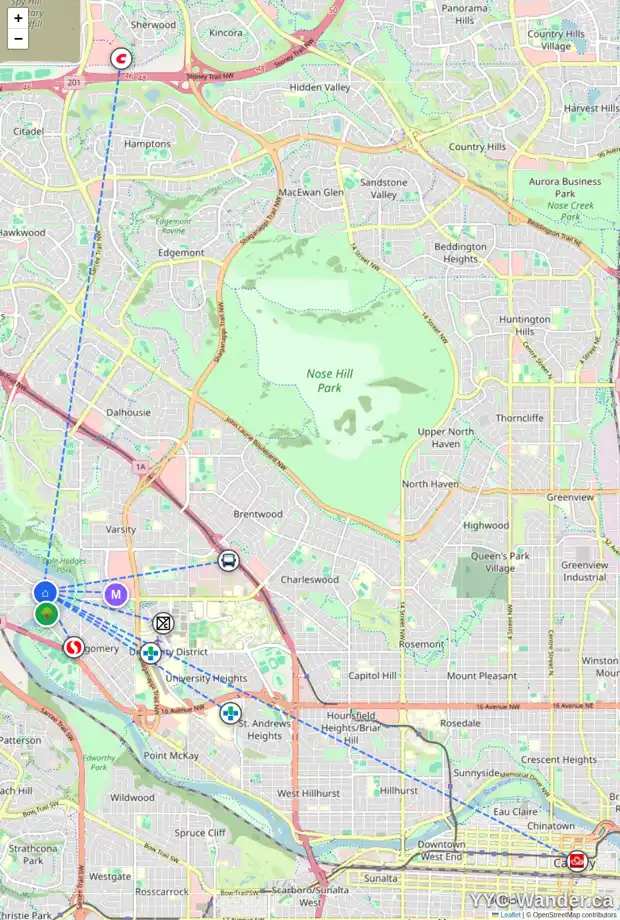 Daily accessibility map for 6042 33 AV NW, Calgary showing nearby schools, grocery stores, parks, LRT stations and nearby amenities