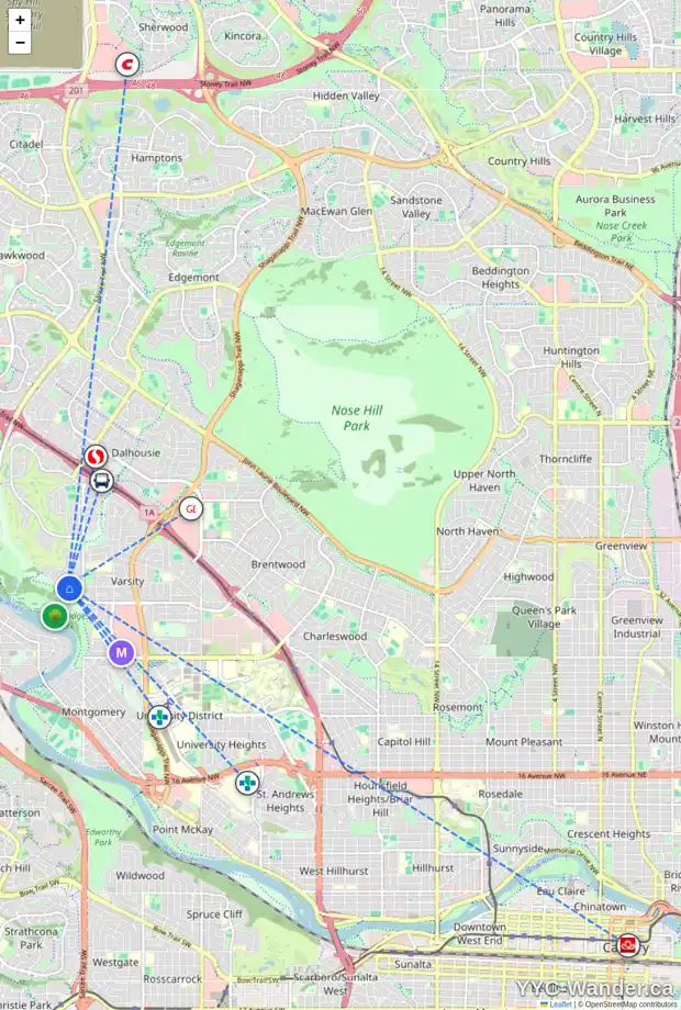 Daily accessibility map for 348 VARSITY CL NW, Calgary showing nearby schools, grocery stores, parks, LRT stations and nearby amenities
