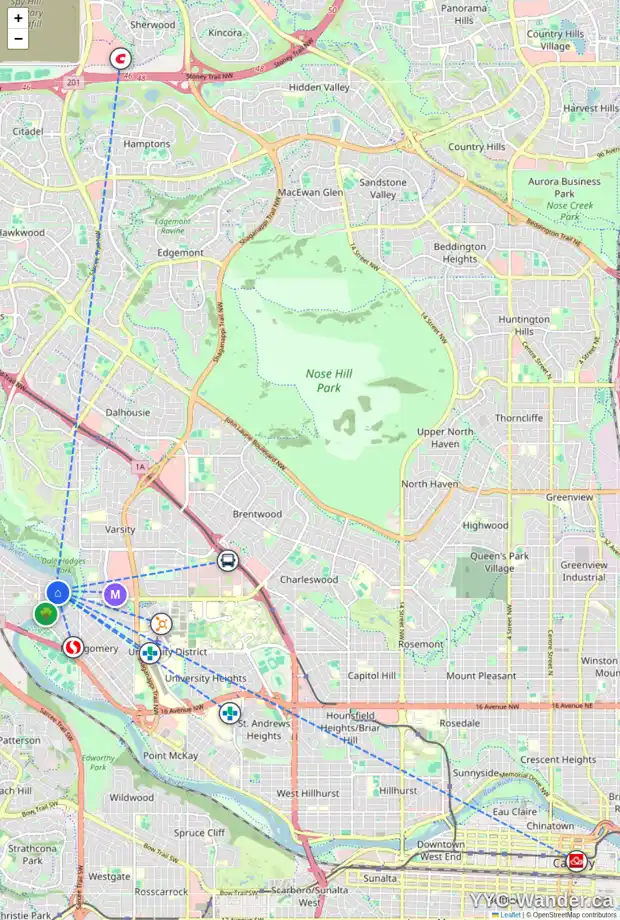 Daily accessibility map for 5908 BOWWATER CR NW, Calgary showing nearby schools, grocery stores, parks, LRT stations and nearby amenities
