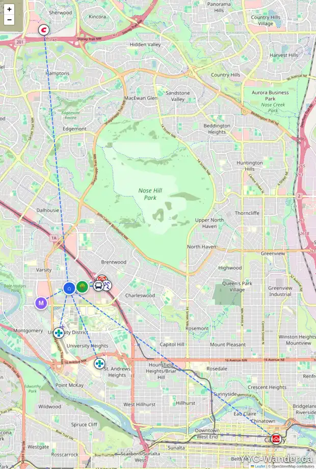 Daily accessibility map for 3920 VARDELL RD NW, Calgary showing nearby schools, grocery stores, parks, LRT stations and nearby amenities