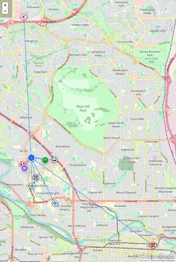 Daily accessibility map for 16 VARSHAVEN PL NW, Calgary showing nearby schools, grocery stores, parks, LRT stations and nearby amenities