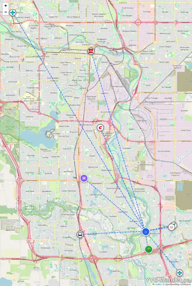 Daily accessibility map for 224 MT VICTORIA PL SE, Calgary showing nearby schools, grocery stores, parks, LRT stations and nearby amenities